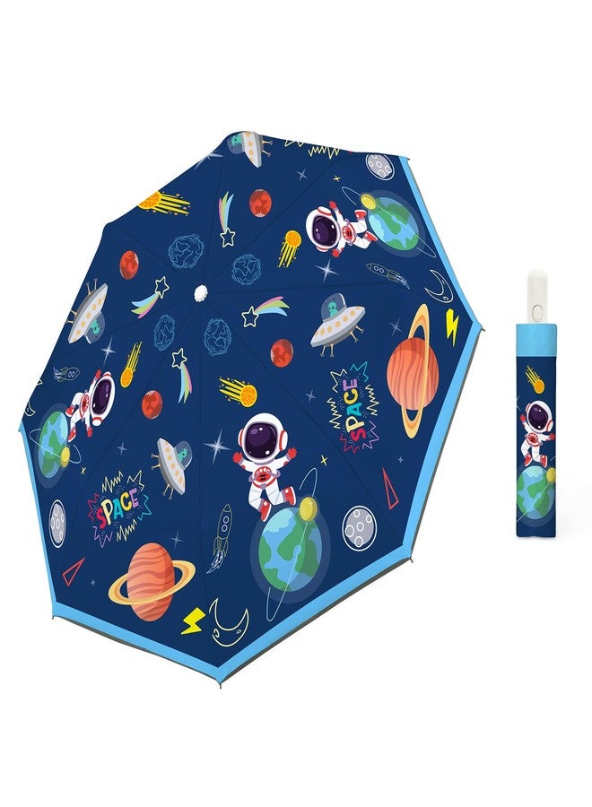 alldomess Autoamtic Kids Umbrella UV Resistant, Folding Compact Umbrella 360° Reflective Strip for Travel Outdoor, Lightweight Cute Kids Parasol Anti-rebound Safe for Toddler,Blue Astronaut - Image 1